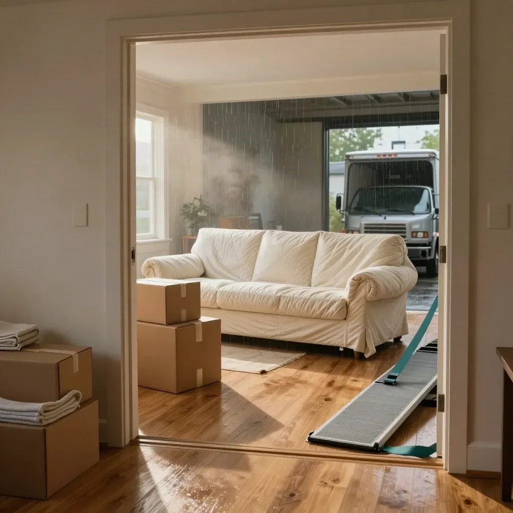 Floor-level moving scene in a townhouse entryway, boxes and wrapped sofa by a rain-wet doorway.
