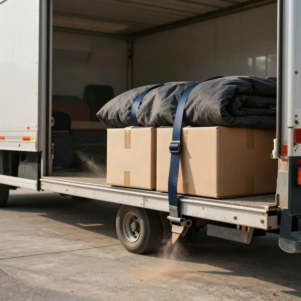 Low-angle moving truck ramp with shifting strapped boxes, dolly wheel and dust in motion.