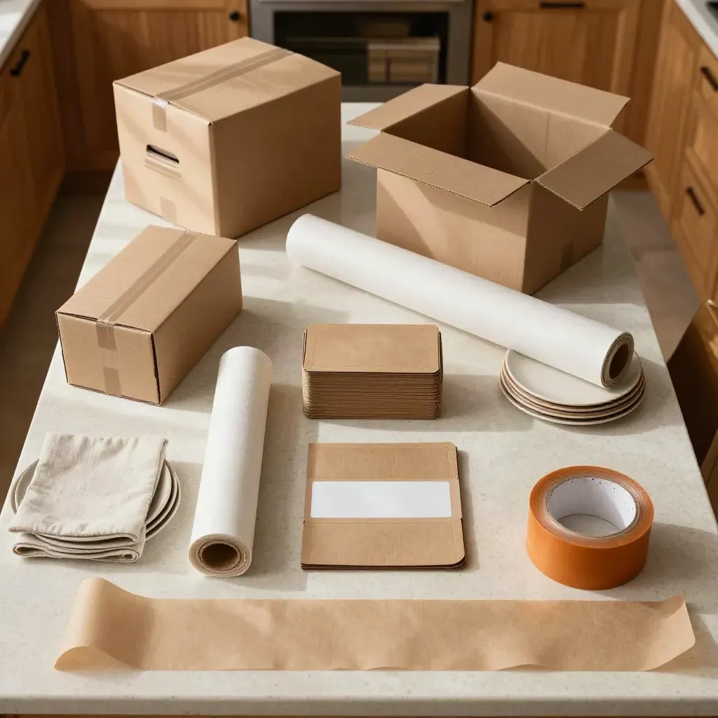 Top-down packing scene with open boxes, dish dividers, wrap, and orange tape on a travertine kitchen island.