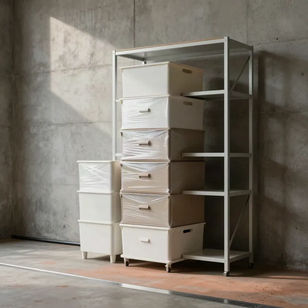 Stacked storage totes and wrapped drawers beside shelving in a concrete storage bay.