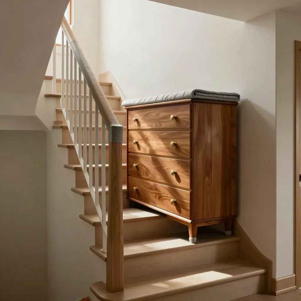 Steep stairwell with wrapped banister, dresser at the top, and pristine wall corners after a move.