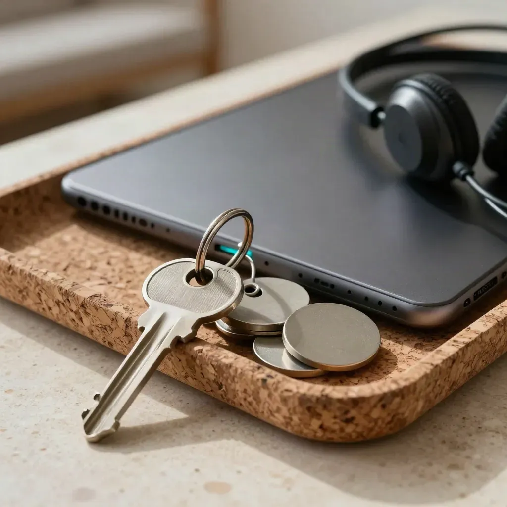 Face-down dispatch tablet, keys, route tokens, and headset on cork tray