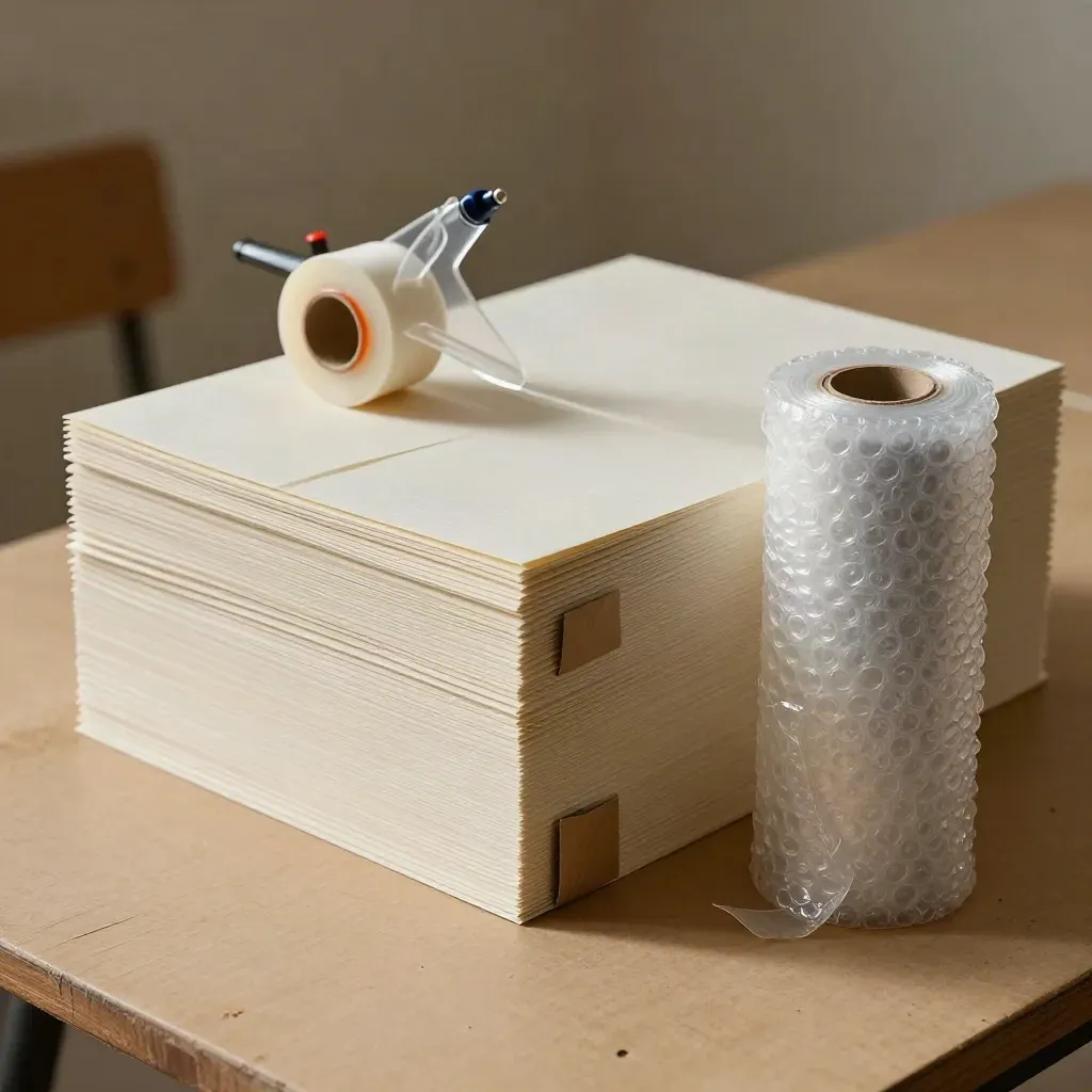 Packing paper, tape gun, bubble wrap and corner guards staged on a moving table.