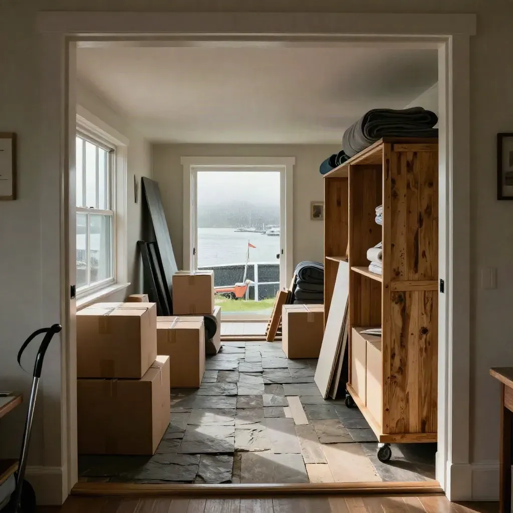 Coastal home interior with moving boxes, open rooms, and a rainy harbour window
