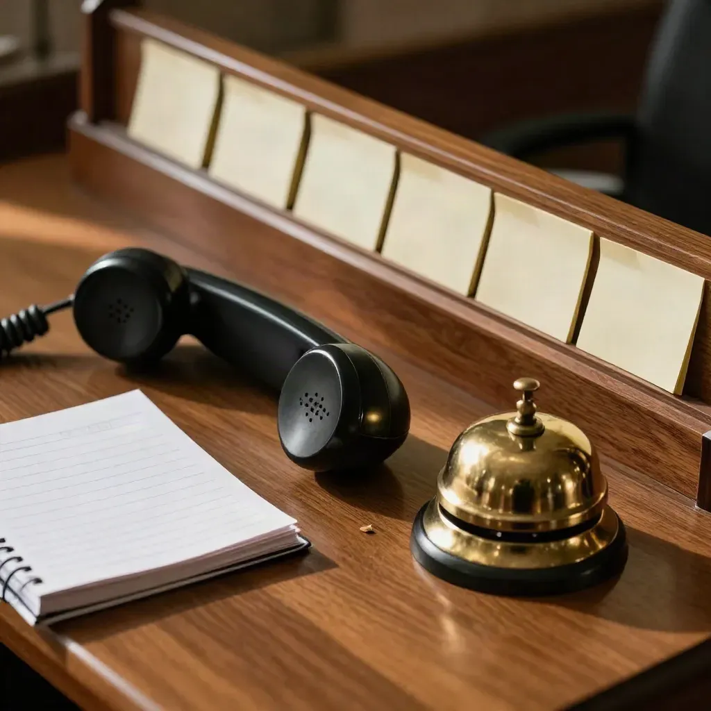 Desk phone, brass bell, closed ledger and sticky tabs on a walnut client-care desk