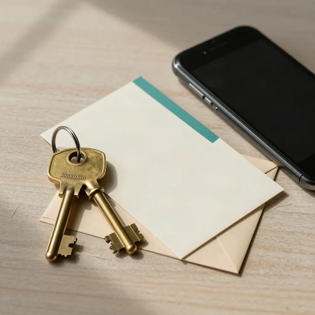 Brass keys, face-down address card, dark phone, and sealed envelope on pale wood.