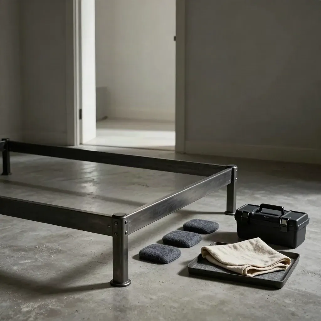 Bed frame corner, toolkit, felt pads, and threshold in a quiet empty room.