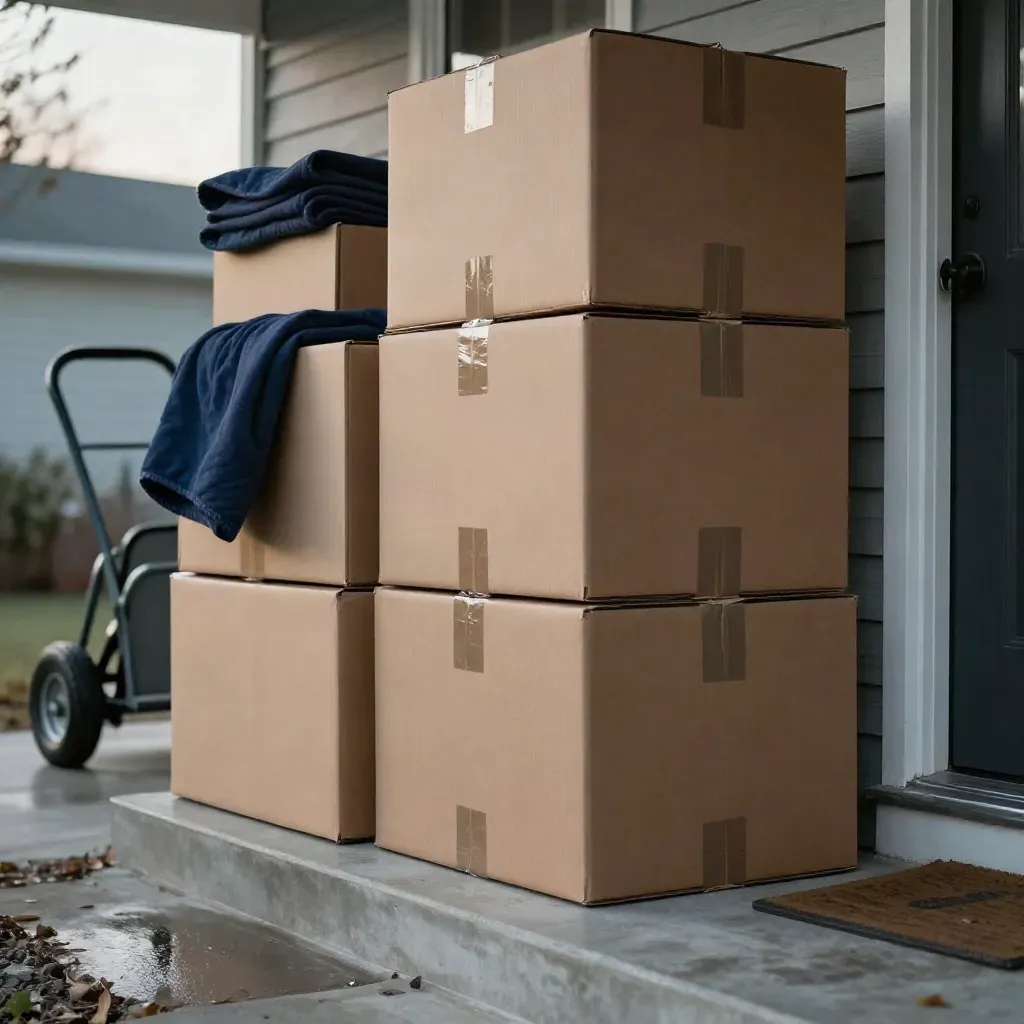 Low-angle still life of moving boxes, navy blanket, strap and hand truck by a damp front step.