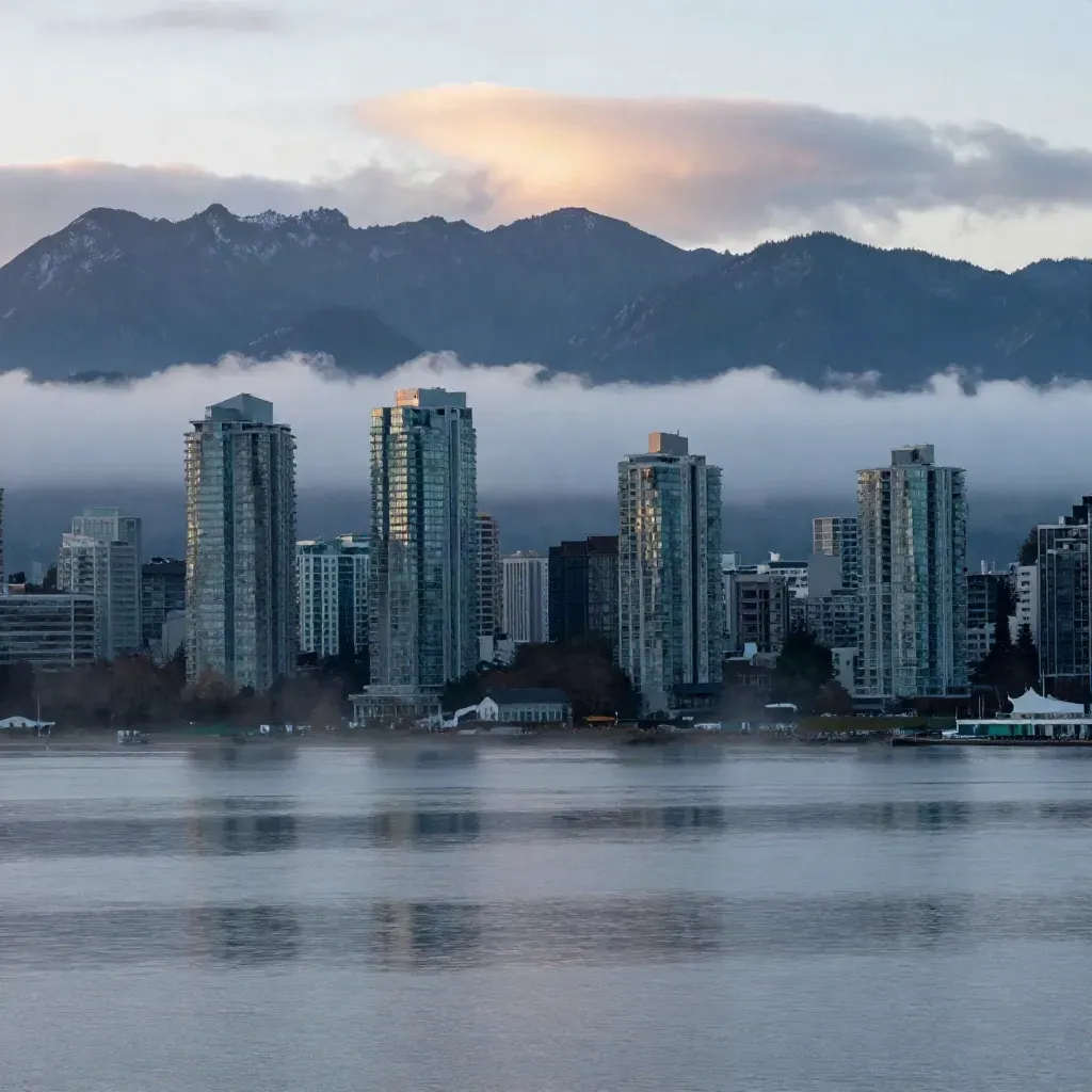Foggy dawn over Vancouver and North Shore mountains above Burrard Inlet, calm open water below.
