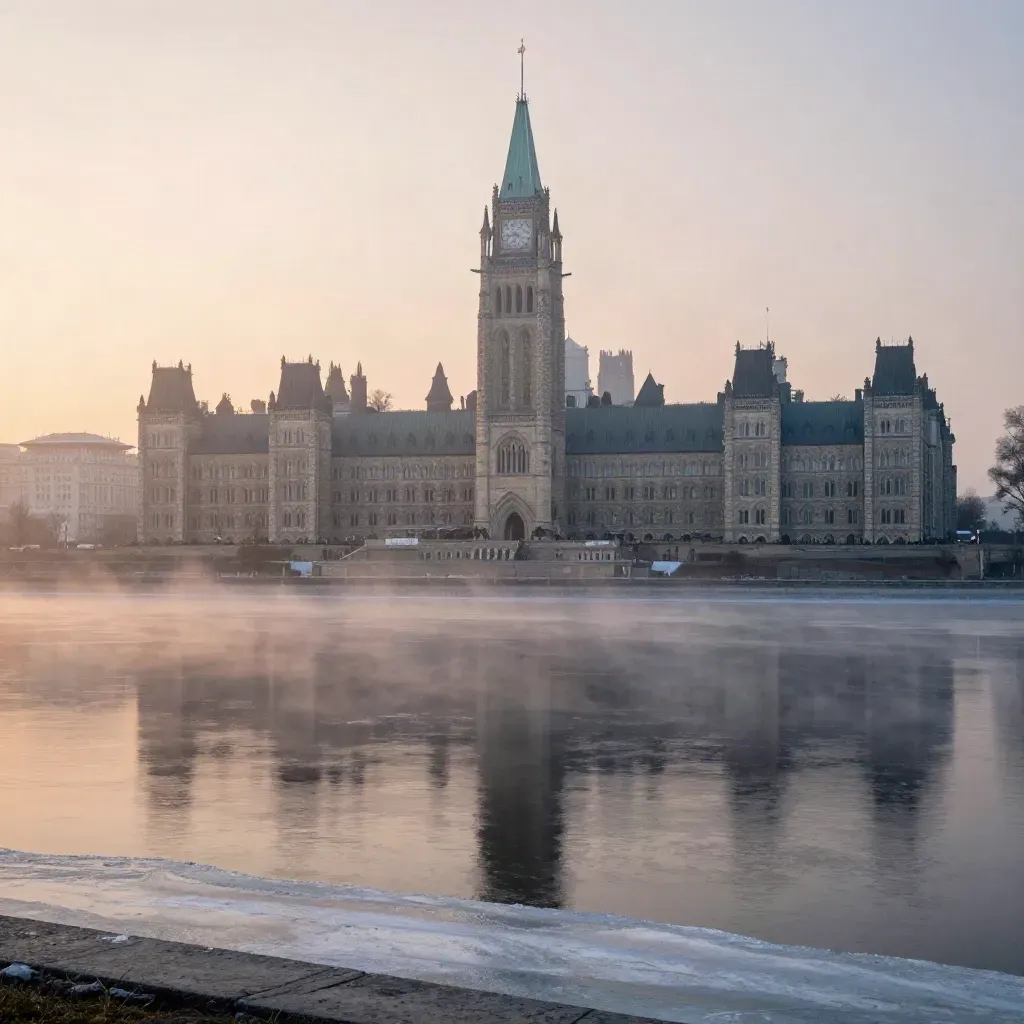 Parliament Hill above the Ottawa River in pale winter sunrise haze
